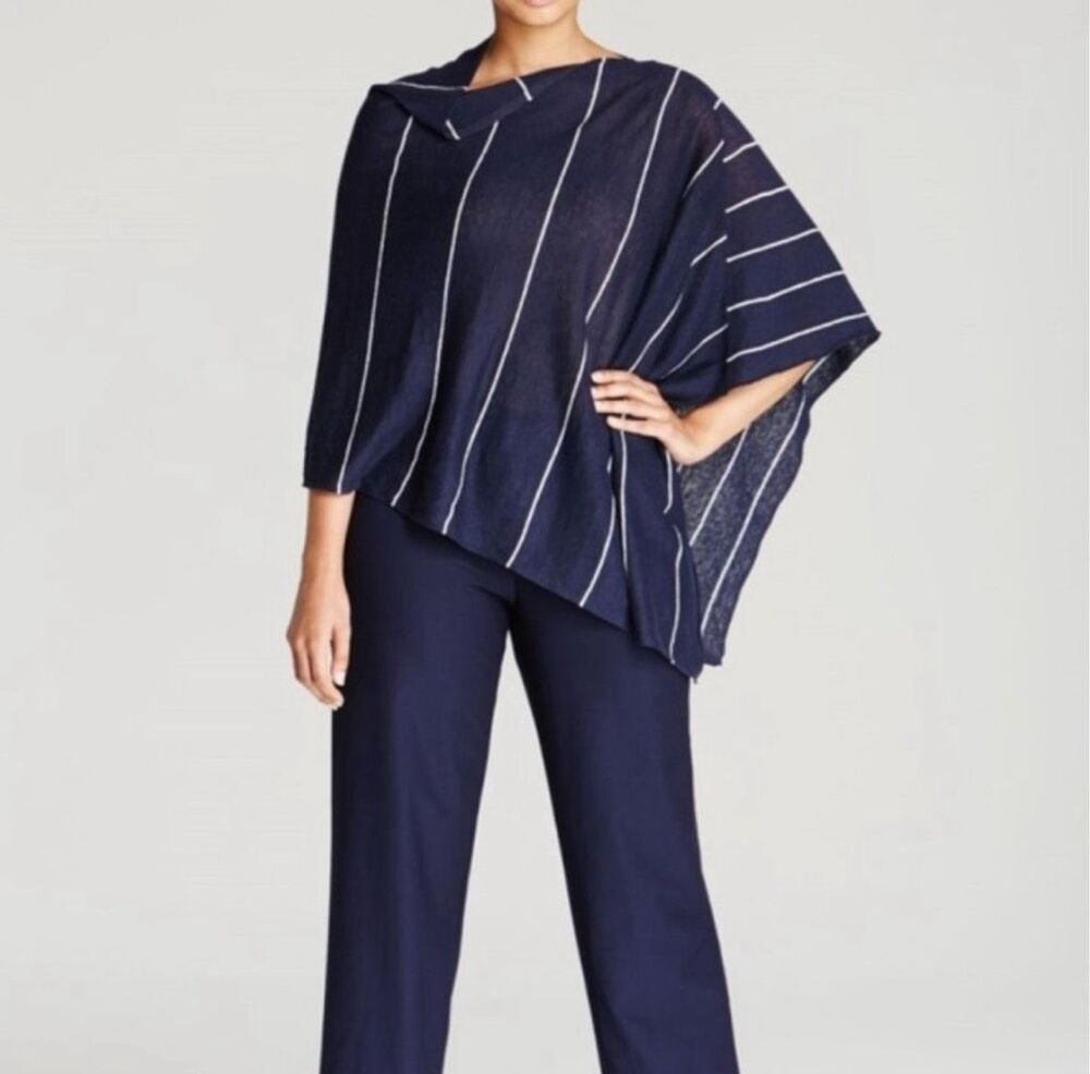 EILEEN FISHER Organic Linen Navy White Pinstripe Poncho